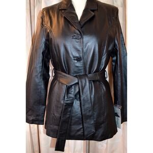 Vintage‎ Leather Brand Black Coat Womens Size Medium Button Front & Belted Nwt's